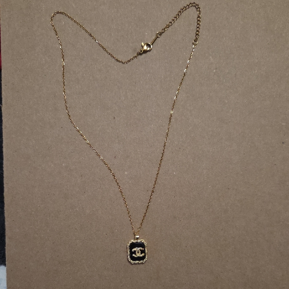 C.C Gold Necklace with Black Square Pendant